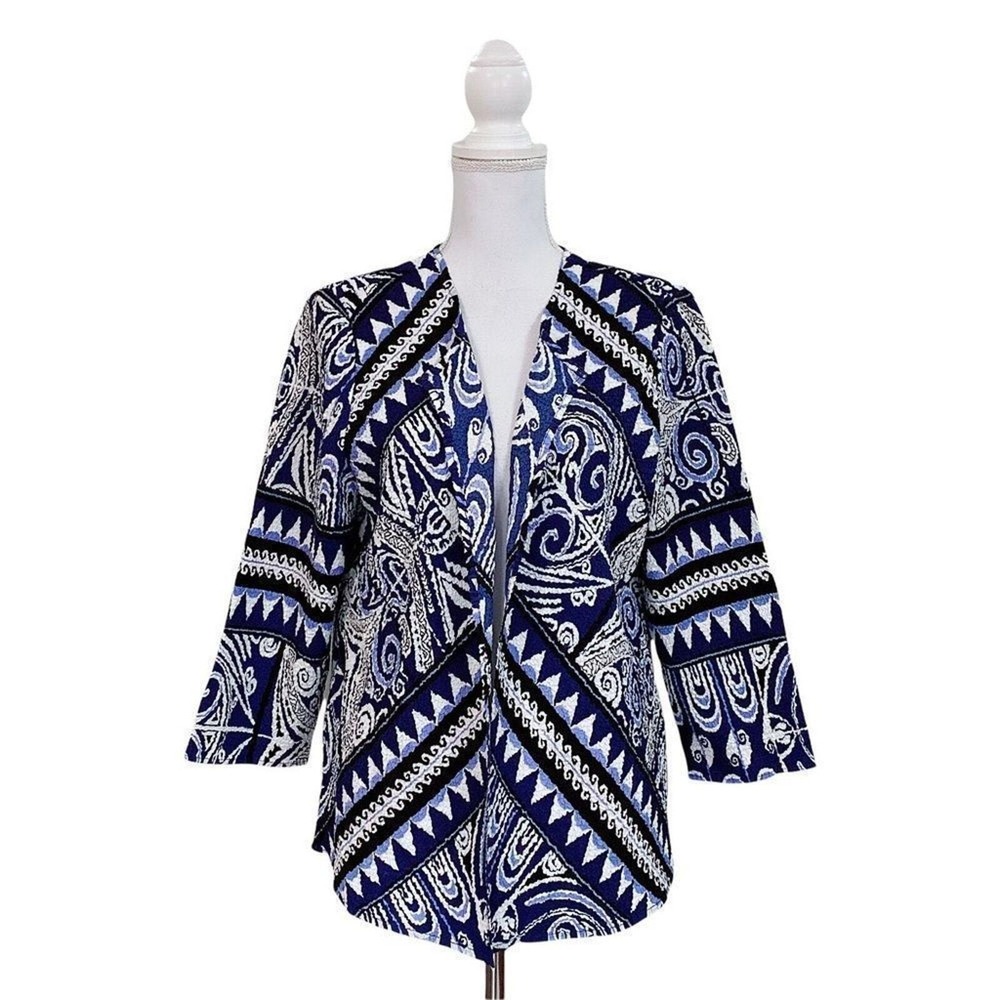 Chicos Travelers Collection Open Blazer Cardigan Sz 2 Geometric Print Blue White